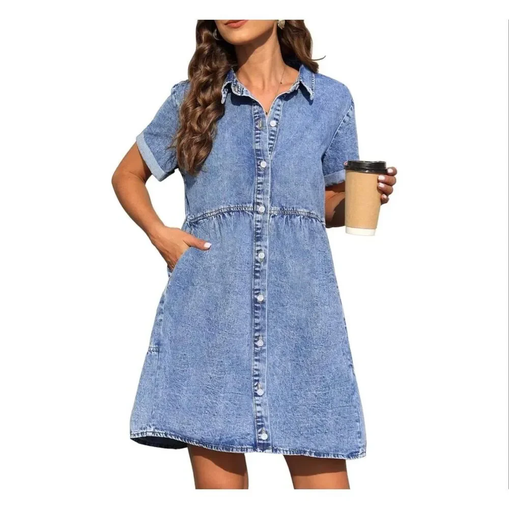 Babydoll Denim Dress with Pockets - Picture 6 of 6